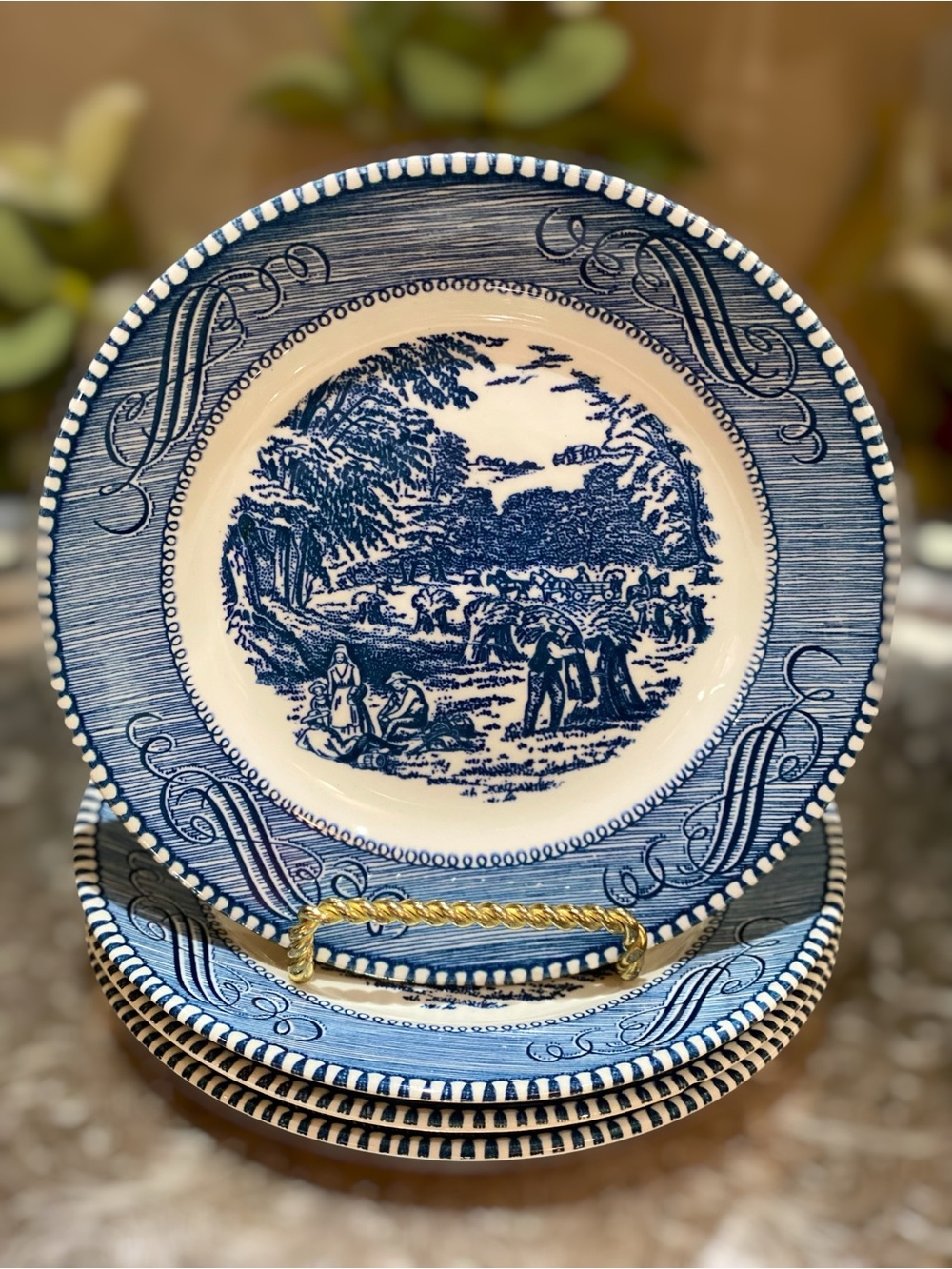 Currier & Ives Set 4 Bread Appetizer Plates Harvest Blue White Vintage Royal